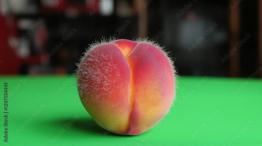 Poster close-up view of a single ripe peach with fuzzy skin and a subtle split, set against a blurred backd