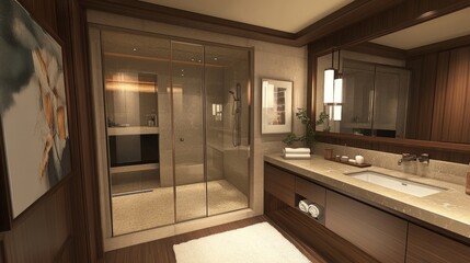 Modern bathroom interior with a glass-enclosed shower and a sleek, elegant vanity, offering a stylish and luxurious feel.