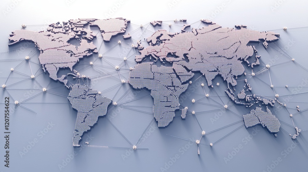 Poster a stylized world map with connecting nodes, representing global networks, technology, and interconne
