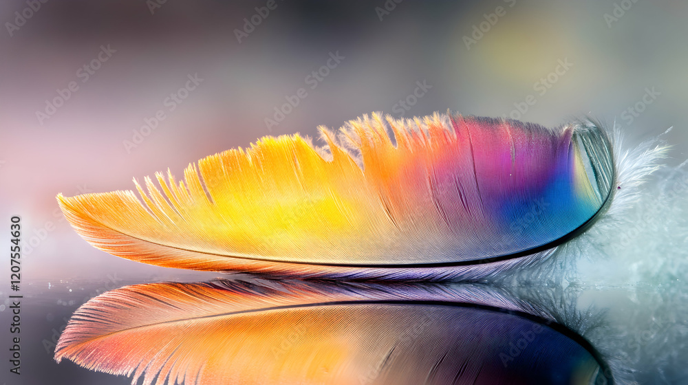 Poster a clean shot of a colorful bird feather resting on a reflective surface with intricate details and s