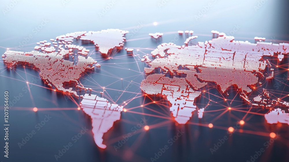 Poster a digital world map with glowing red connections, symbolizing global networking and technology.