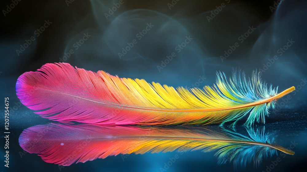 Poster a clean shot of a colorful bird feather resting on a reflective surface with intricate details and s