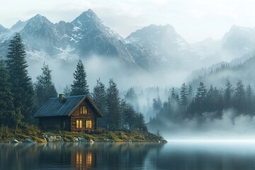 Fototapeta premium Nestled in a remote wilderness, the rustic wooden cabin glows softly against the backdrop of misty mountains and dense pine forest. This tranquil location invites relaxation and reflection