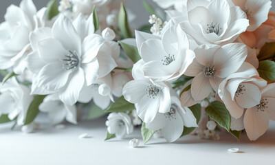 beautiful arrangement of white flowers with delicate petals and green leaves, creating serene and elegant atmosphere. Perfect for backgrounds or floral designs