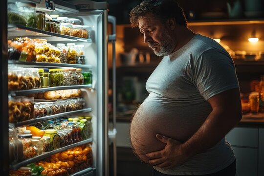 A middle-aged man stands ravenously before an open refrigerator that is brimming with food and beverages