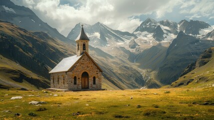 Tranquil Mountain Church Surrounded by Majestic Peaks