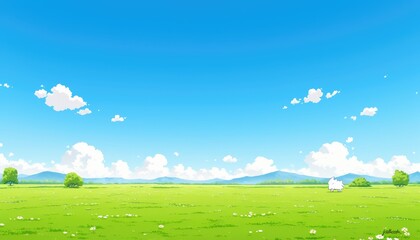 Obraz premium Sunny Meadow Landscape With White Creature And Mountains