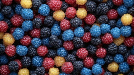 Close-up view of a vibrant collection of red, blue and yellow raspberries creating a colorful and uniform pattern
