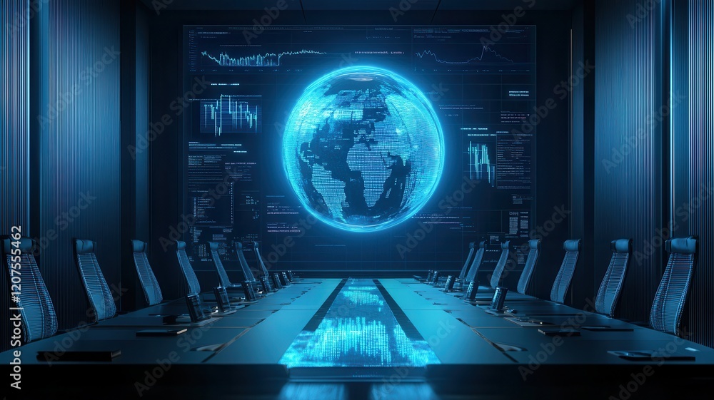 Poster a futuristic boardroom featuring a digital globe and data visuals, showcasing a high-tech environmen