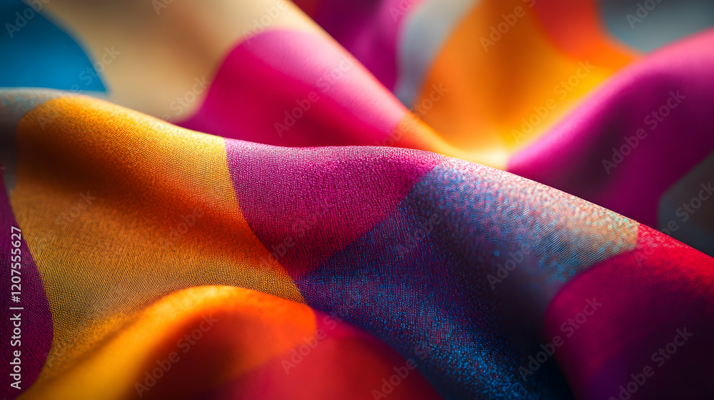 Poster a close-up of a modern fabric texture in vibrant patterns and colors illuminated by soft even lighti