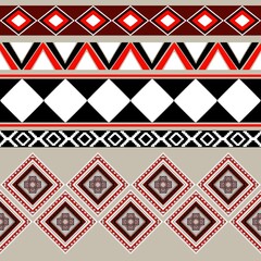 African ethnic tribal fabric pattern features bold red and black geometric designs that stand out ethnic a light background. The harmonious contrast evokes the tranquility of ethnic while. This design