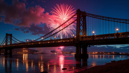 Obraz premium Independence Day fireworks display over the bridge at night
