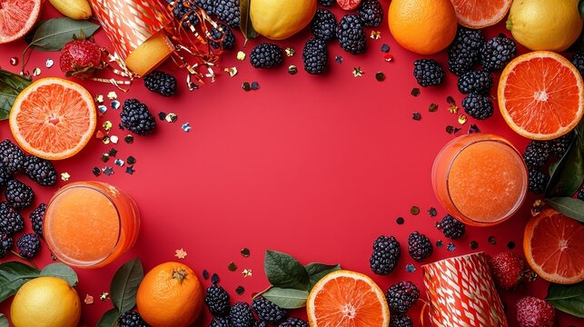 A vibrant red background adorned with a colorful festive fruit arrangement and party decorations, ideal for holiday celebrations and joyful events