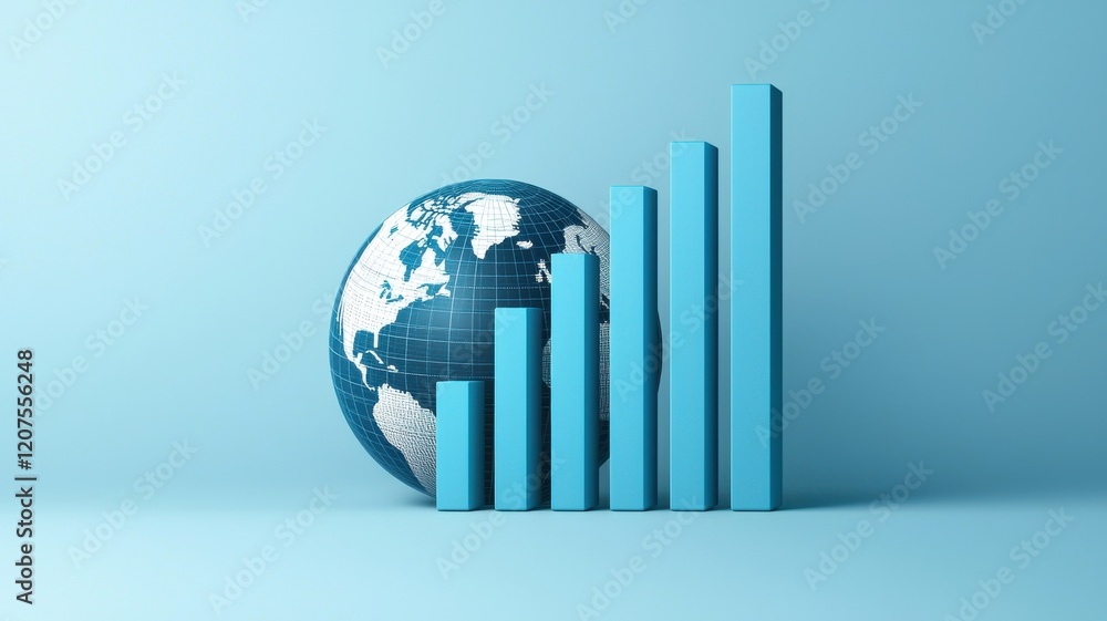 Poster a blue globe next to ascending bar graphs, symbolizing growth and global metrics in a visually appea