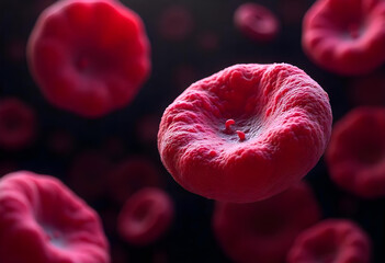 A close-up view of blood red cells, showcasing their biconcave shape and smooth texture, with some cells appearing slightly deformed, against a dark background to enhance contrast