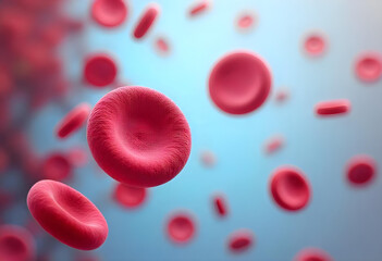 Red blood cells and white blood cells in a dynamic flow, showing a close-up view of their shapes and colors against a light blue background