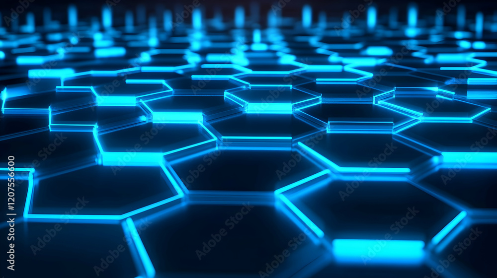 Aufkleber a glowing abstract hexagonal grid in vibrant neon blue on a dark reflective surface, creating depth
