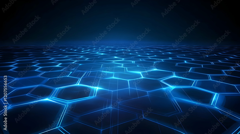 Poster a glowing abstract hexagonal grid in vibrant neon blue on a dark reflective surface, creating depth