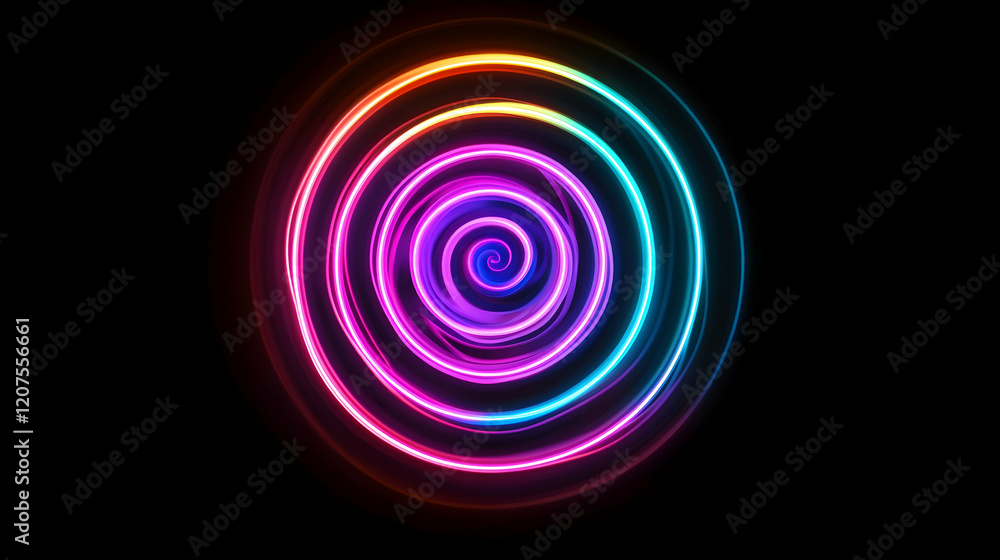 Poster a glowing abstract spiral pattern in vibrant neon colors on a clean black background, creating depth