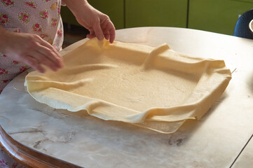 an authentic photo of pumpkin pie cooking in a home kitchen without setting or additional lighting. photo of a cook without a face just her hands. High quality photo