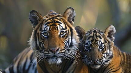 Fototapeta premium Majestic Bengal Tiger and Adorable Cub in Natural Habitat