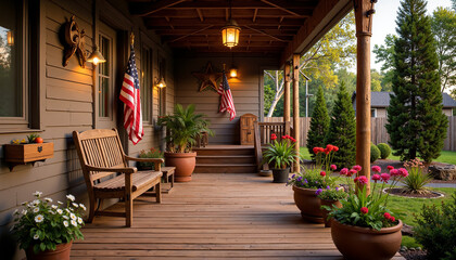Independence Day American flags displayed on a cozy porch with flowers