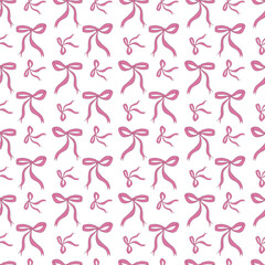 Coquette bow seamless pattern. Pastel purple or pink ribbon endless print. Perfect for wrapping, stationery, packaging, textiles, fabrics, wallpaper, backdrops, scrapbooking, crafts. Trendy design.