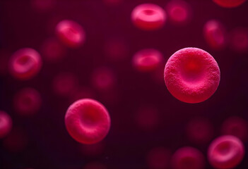 A close-up view of blood red cells under a microscope, showcasing their biconcave shape and smooth texture, with some cells appearing slightly deformed, against a dark background to enhance contrast