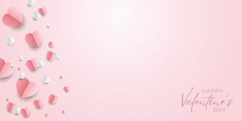 Valentines hearts postcard. Paper flying elements on pink background. Vector symbols of love in shape of heart for Valentine's Day, birthday greeting card design. JPG stock illustration