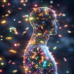 Glowing Vitamin Capsules Forming a Protective Barrier Around a Human Silhouette