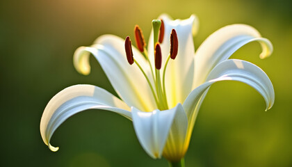 Elegant close-up of a pristine white lily in full bloom with petals softly lit by warm sunlight