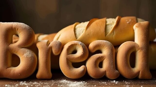 The word 'Bread' intricately formed using various types of bread, including baguettes, rolls, and slices