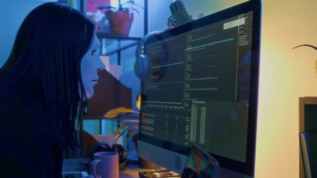 Zoom out view of brunette female cyber thief with anonymous mask breaking into computer system in order to destroy information