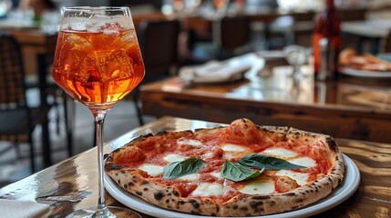 Baked Neapolitan pizza served with sparkling aperol spritz closeup image. Fresh mozzarella and basil piza close up photography. Italian food. Pizzeria concept photo realistic