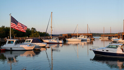 Fototapeta premium Independence Day USA flag waving on a pole in the harbor with boats