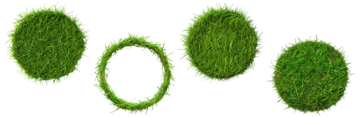 Set of circular green grass elements, isolated on transparent background