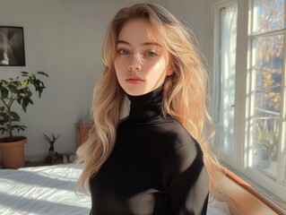 A woman with blonde hair stands by a sunlit window, exuding calmness and elegance in a black turtleneck.