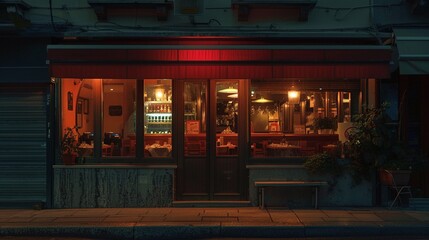 Cozy evening bistro background image. Red awning, dim sidewalk. Warm interior lighting through windows facade photo backdrop wallpaper realistic. Casual dining concept photorealistic