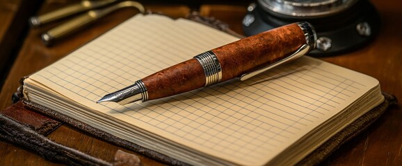 Elegant fountain pen rests on a vintage leather-bound notebook, ready for writing.