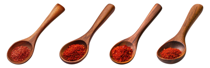 Set of wooden spoons with red spice powder, isolated on transparent background