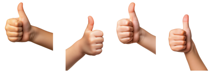 Collection of baby hands giving thumbs up gesture, isolated on transparent background
