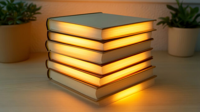A stack of neatly arranged books with glowing edges on a clean wooden desk illuminated by soft natural light - Powered by Adobe