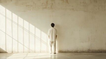 Obraz premium Man standing against a large, textured wall with sunlight streaming through a window.