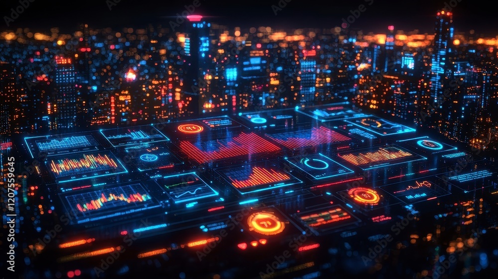 Aufkleber futuristic city night skyline with digital interface displaying data graphs and charts.