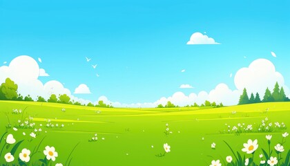 Idyllic Spring Meadow Landscape With Daisies And Blue Sky