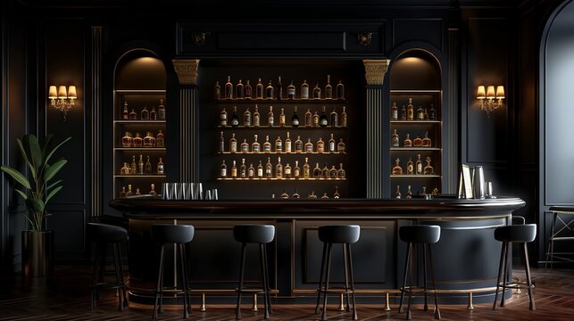Luxurious classic bar interior background image. Highend barstools, illuminated bottle shelves sophisticated photo backdrop realistic. Elegance and opulence concept photorealistic