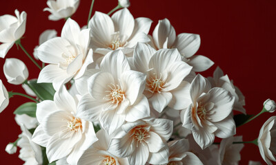 Fototapeta premium beautiful arrangement of white flowers against red background, showcasing delicate petals and intricate details, perfect for adding elegance to any setting