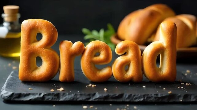 The word 'Bread' made from freshly baked breadsticks, standing upright on a dark slate surface, with a few herbs and olive oil in the background.