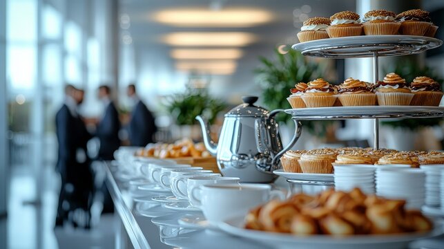 Freshly brewed coffee and tea presented on an elegantly set table with a corporate event backdrop, highlighting a refined beverage service for business seminars
