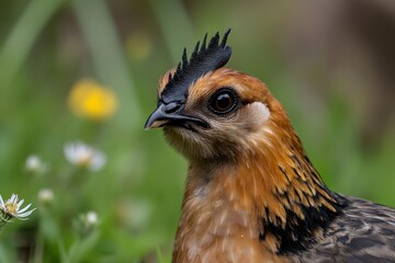 A stylish rooster showcases its unique features, highlighting the intricate details of its plumage and the vibrant colors that represent natural beauty.